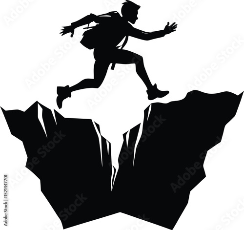 Hiker Jumping Across a Deep Chasm