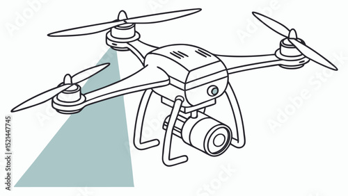 Illustration of a drone with four propellers and a camera attached to the bottom in black and white