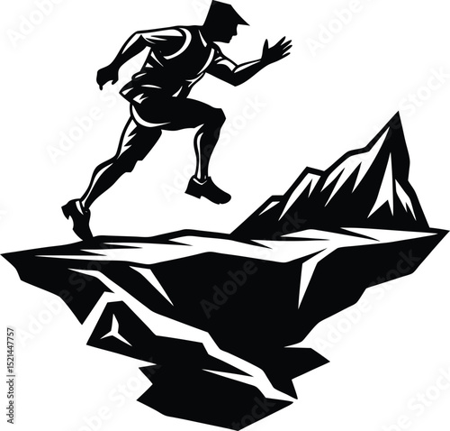 Determined Trail Runner Leaping Across Rocky Terrain