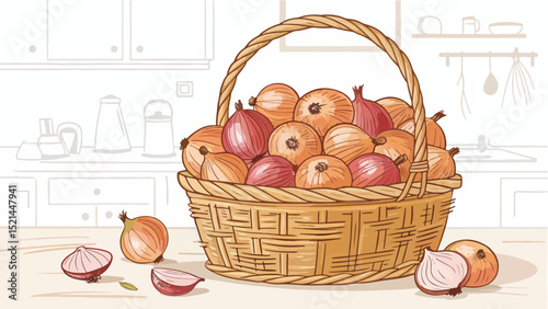 Onion in Wicker Basket Kitchen Vector Design graphic