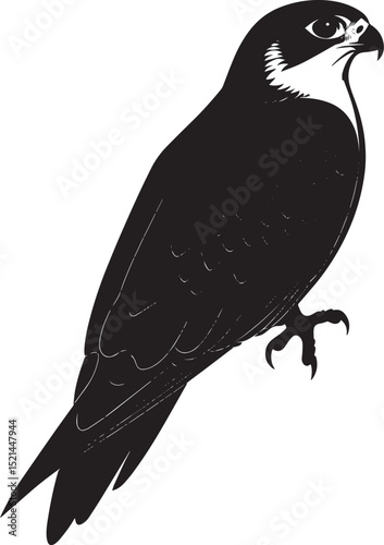 Falcon Resting Sitting on a perch or the ground wings folded body still. full length silhouette black vector illustration