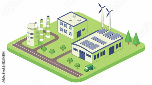 Isometric view of industrial buildings with wind turbines and solar panels on a green landscape area