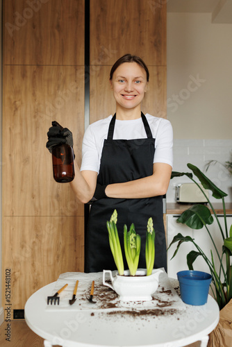 Smiling young florist woman in apron holds hyacinth flowers in new ceramic pot and waters houseplant from water sprayer at home kitchen after repotting. Seasonal work with transplantation plants.