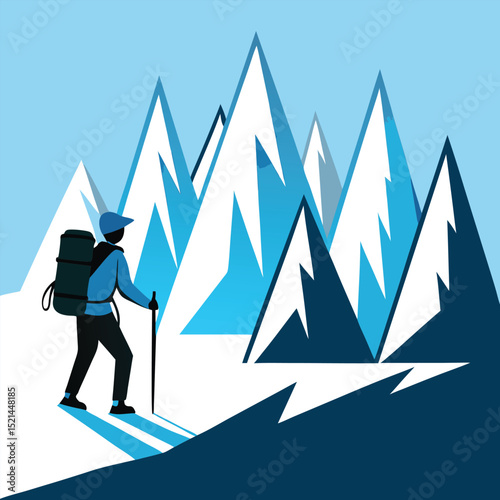 Solo Hiker Trekking Through Snowy Mountain Range
