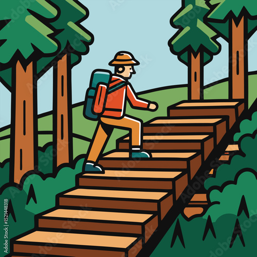 Hiker Ascending Wooden Steps in Forest