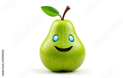 Cartoon pear character illustration green fruit with happy face and eyes on white background art