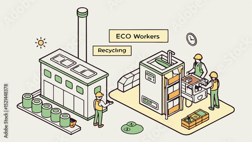 Isometric illustration of eco workers at a recycling plant with machinery and recycled materials shown here