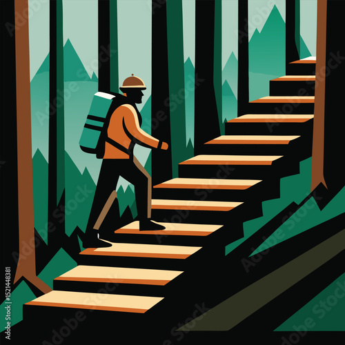 Hiker Ascends Wooden Stairs in Forest