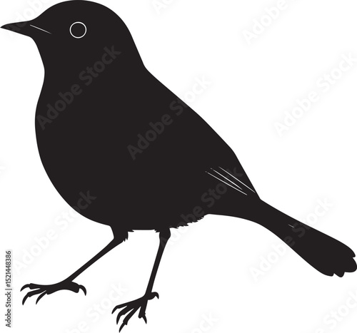 Robin Hopping Body slightly lifted both feet off the ground tail slightly raised. full length silhouette black vector illustration