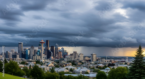 Seattle Skyline Under a Dramatic Stormy Sky