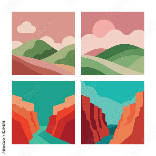 Set of vector banners with mountains, illustrating diverse landscapes with trees, clouds, and fields, perfect for nature and summer themes