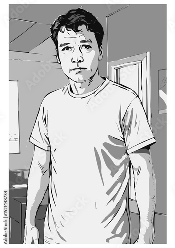 A grayscale illustration of a man in a casual t-shirt, standing indoors with a slightly concerned expression. 