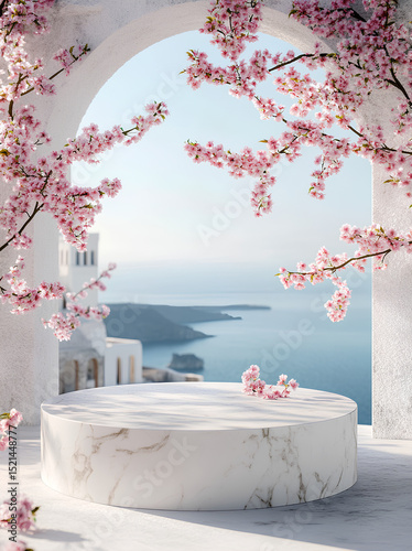 A podium with a white marble texture, overlooking the sea of Santorini in spring,