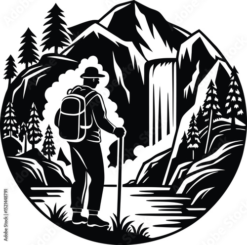 Hiker Observing Waterfall in Mountain Landscape
