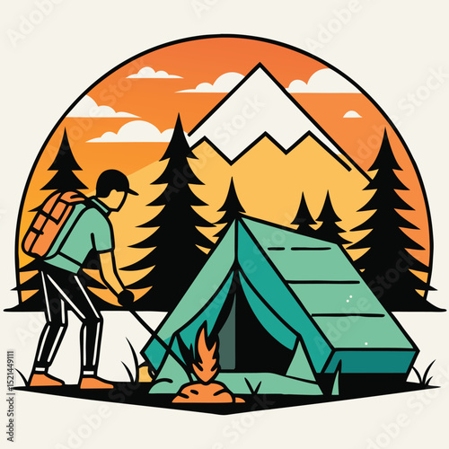 Hiker Setting Up Camp Near Mountain at Sunset