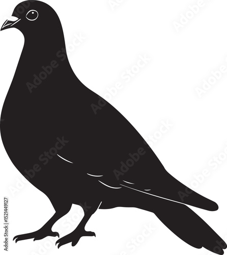 Pigeon striding taking a step ahead with one foot forward, head bobbing, and wings snugly held against its sides in a black vector outline.