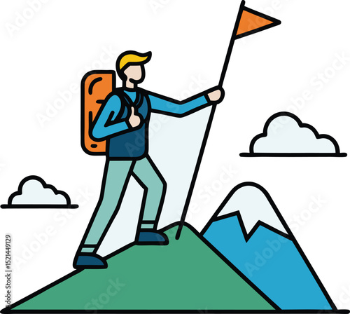 Hiker Reaches Mountain Summit Holding Flag
