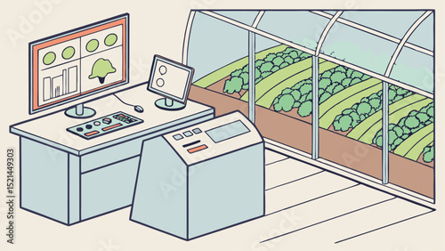 Illustration of a greenhouse control room with monitors and a view of the crops inside the structure