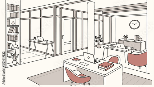 Illustration of a modern office space with desks, chairs, computers, and a bookshelf near windows