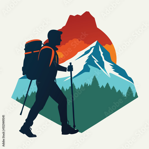 Silhouette of a Hiker with Backpack and Trekking Pole in Front of a Mountain Landscape at Sunset