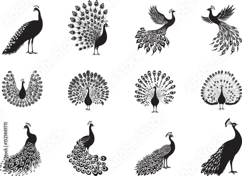 Peacock Feeding Head lowered pecking at food on the ground body slightly bent. full length silhouette black vector illustration