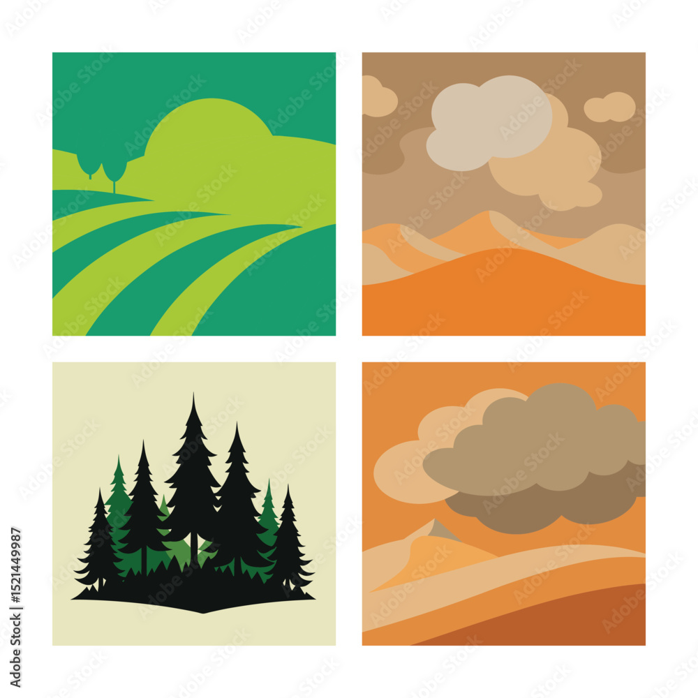 Obraz premium Set of four seasons vector landscapes with nature sky, green grass, and trees illustrating spring, summer, autumn, and winter scenes