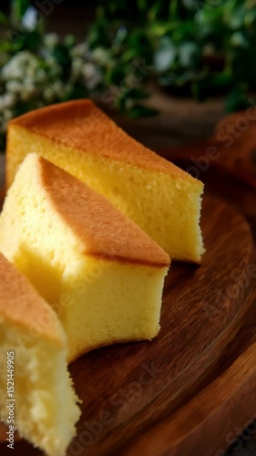 Three slices of homemade sponge cake on a wooden plate with out-of-focus flowers in the background