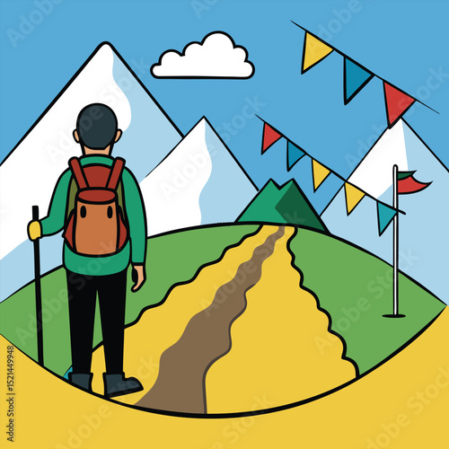 Hiker on a Mountain Path with Colorful Flags and Snow-Capped Peaks