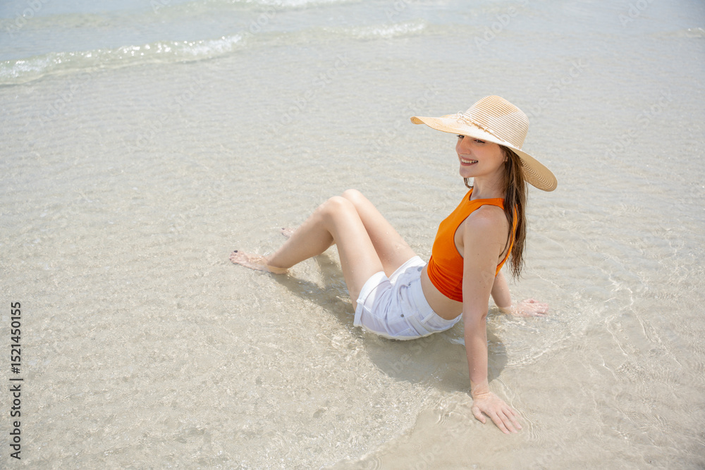 custom made wallpaper toronto digitalHappy beautiful young woman smiling at the beach side - Delightful girl enjoying sunny day. Summer holiday fashion concept. Young fashion woman relax on the beach.