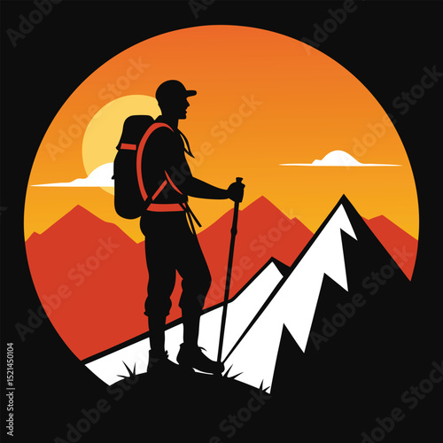 Silhouette of a Hiker on a Mountain Peak at Sunset
