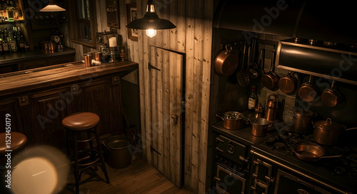 Atmospheric Vintage Kitchen And Bar Interior With Antique Copper Cookware