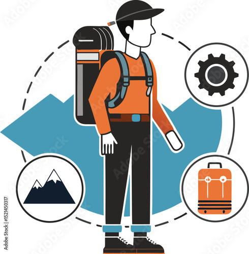 Hiker in Orange Shirt with Backpack and Cap Standing Before a Stylized Mountain Range with Travel Icons