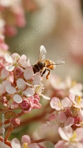 Honeybee landing on delicate pink and white flower blossoms, capturing nectar in a serene garden setting during spring.