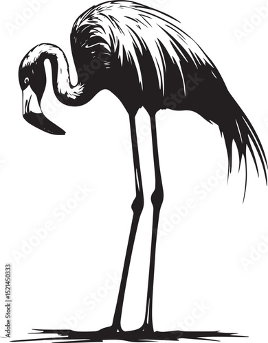 Flamingo Preening Licking or cleaning its feathers with beak body calm. full length silhouette black vector illustration