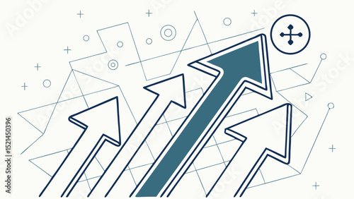 Illustration of upward pointing arrows with a plus sign inside a circle on a geometric background