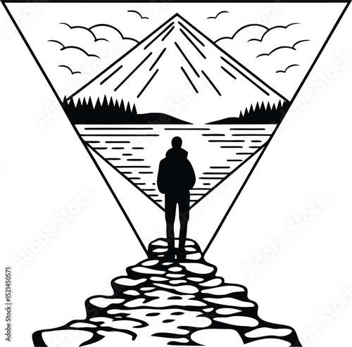 Solitary Figure on Rocky Path Leading to Majestic Mountain and Serene Lake