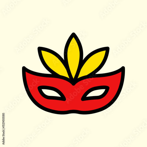 Vibrant red mask adorned with bright yellow feathers representing festive occasions and celebrations