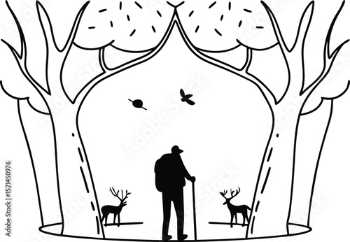 “Elderly Man Walking Through Forest with Deer and Birds