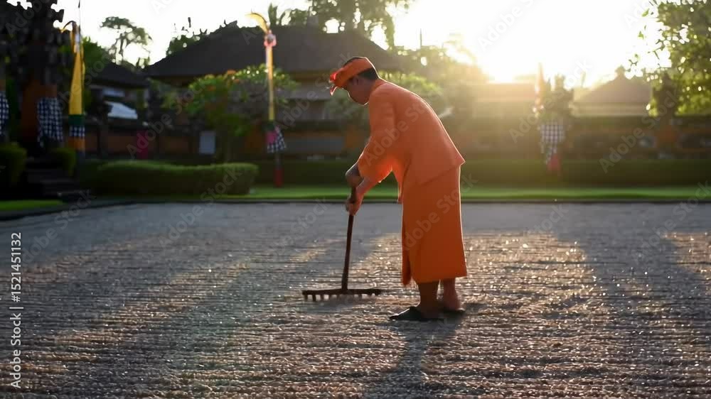 Person sweeping outdoor area