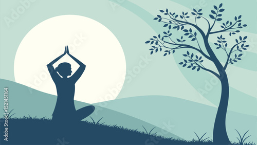Silhouette of woman meditating in nature with a tree and a large sun in the background landscape scene