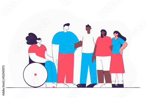 Diverse abstract characters, group portrait. Inclusive society, social community, diversity and equality concept. Multi-ethnic people. Colored flat vector illustration isolated on white background