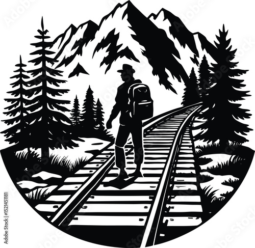 A Solitary Hiker Walks the Railroad Track Through a Mountain Forest