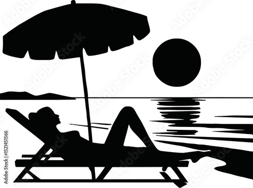 A silhouette of a people sunbathing on the beach, minimal vector style, white background, black shape only