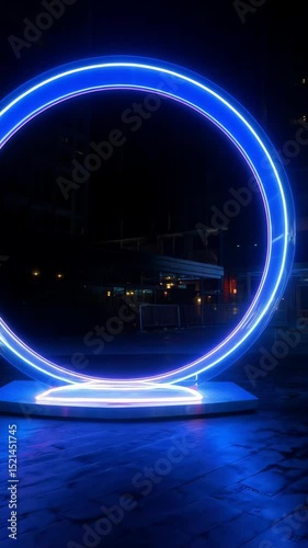 Illuminated vibrant blue neon circle installation on a dark surface with a modern aesthetic at night