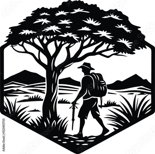Alone Hiker Standing Beneath a Large Tree in a Mountain Landscape