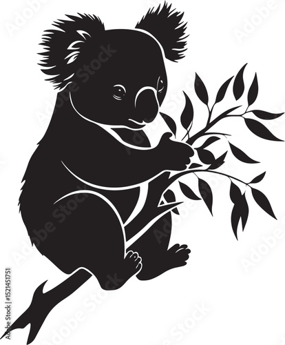 Koala Eating Sitting on a branch, holding eucalyptus leaves with paws, head bent down. full length silhouette black vector illustration