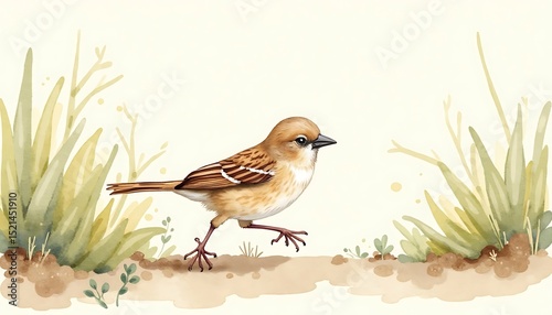 Watercolor Sparrow Walking on Ground with Grass in Minimalist Illustration