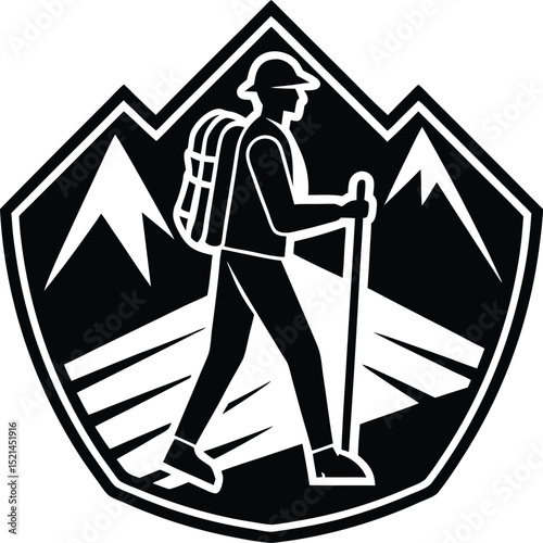 Hiker with Backpack and Walking Stick in a Shield-Shaped Mountain Landscape