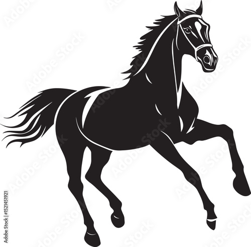 Horse Trotting Alternating diagonal leg movement body steady tail flowing. full length silhouette black vector illustration