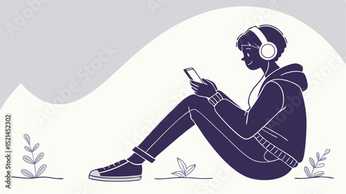 Illustration of a person sitting with headphones looking at a phone with plants in the foreground area